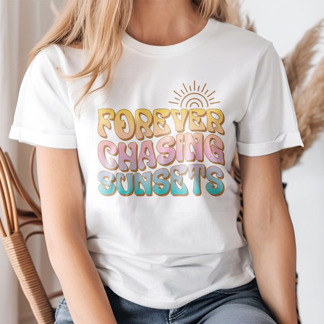 Retro "Forever Chasing Sunsets" T-Shirt (Young blond woman wearing a Retro "Forever Chasing Sunsets" T-Shirt.)