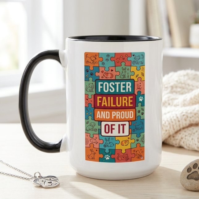 Retro Foster Failure Humor Rescue Pet Advocate Two-Tone Coffee Mug (Foster Failure and Proud of It mug — funny adoption day gift for the dedicated rescue advocate.)