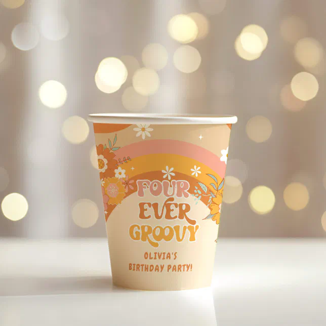 Retro four ever groovy birthday paper cups | Zazzle