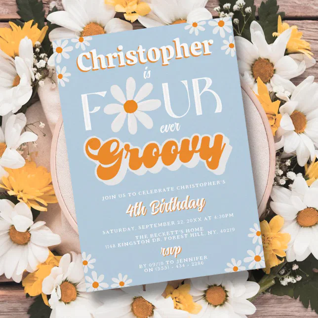 Retro Four Ever Groovy Boys 4th Birthday Invitation | Zazzle