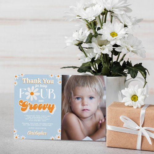 Retro Four Ever Groovy Boys 4th Birthday Photo Thank You Card