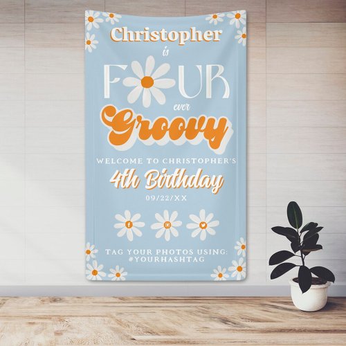 Retro Four Ever Groovy Boys 4th Birthday Welcome Banner