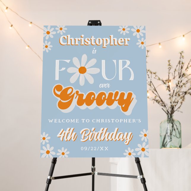 Retro Four Ever Groovy Boys 4th Birthday Welcome Foam Board (In Situ (Stand))