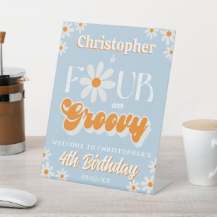 Retro Four Ever Groovy Boys 4th Birthday Welcome Pedestal Sign