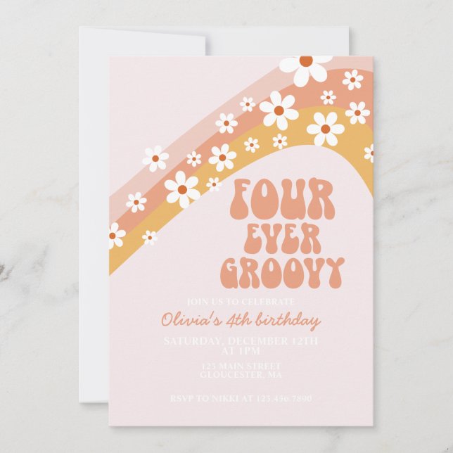 Retro Four Ever Groovy daisy boho 4th birthday Invitation (Front)