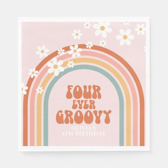Retro Four Ever Groovy daisy rainbow 4th birthday  Napkins (Front)