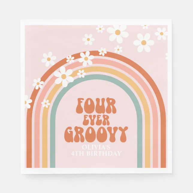 Retro Four Ever Groovy daisy rainbow 4th birthday Napkins | Zazzle