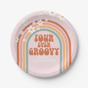 Retro Four Ever Groovy daisy rainbow 4th birthday Paper Plates