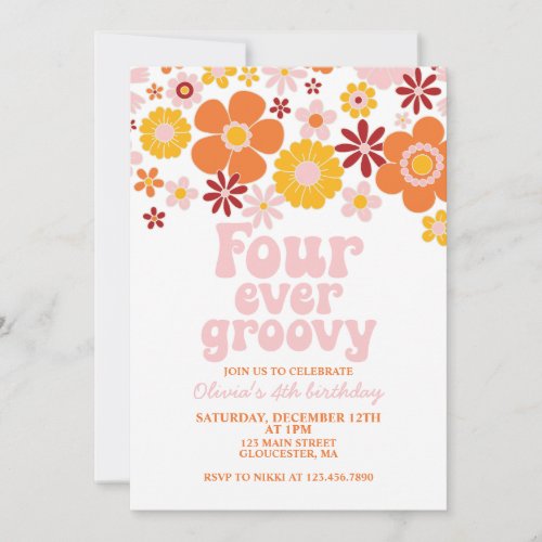 Retro Four Ever Groovy Floral 4th Birthday Invitation