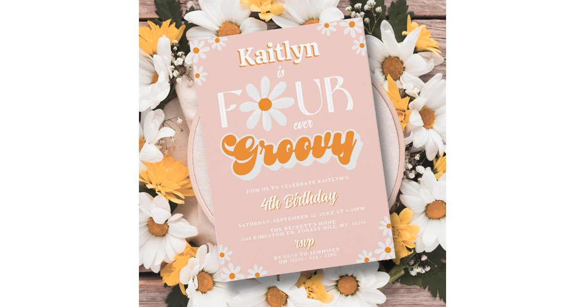 Retro Four Ever Groovy Girls 4th Birthday Invitation | Zazzle