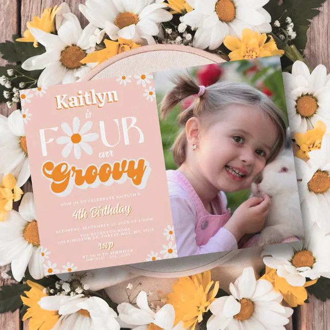 Retro Four Ever Groovy Girls 4th Birthday Photo Invitation | Zazzle