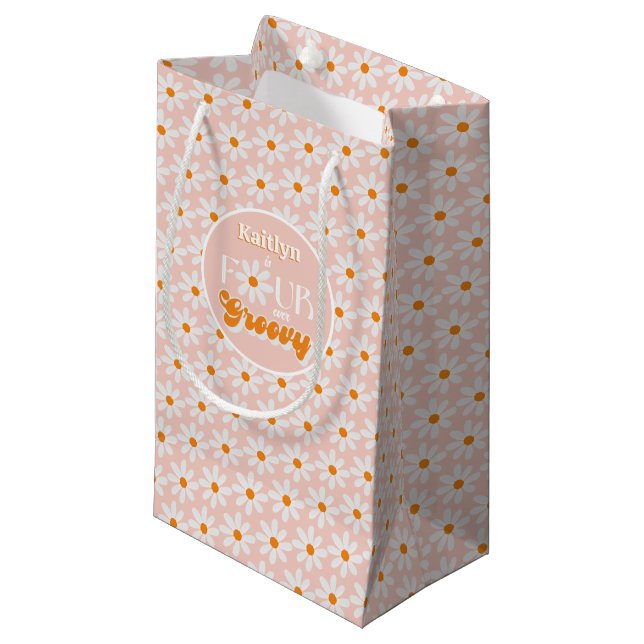 Retro Four Ever Groovy Girls 4th Birthday Small Gift Bag (Front Angled)