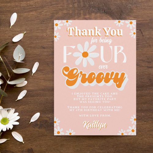 Retro Four Ever Groovy Girls 4th Birthday Thank You Card