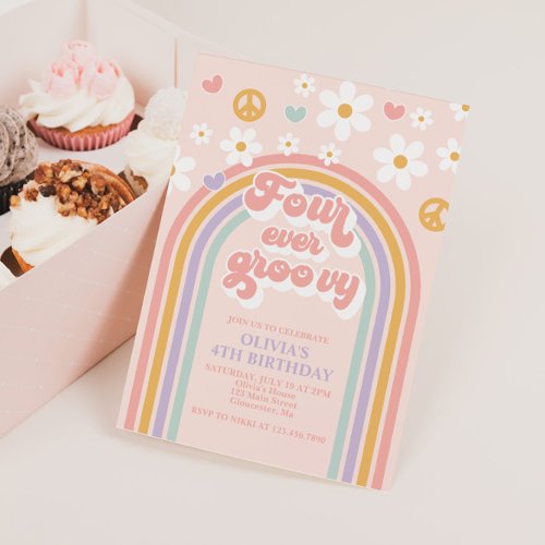 Retro Four Ever Groovy Rainbow 4th Birthday Invitation