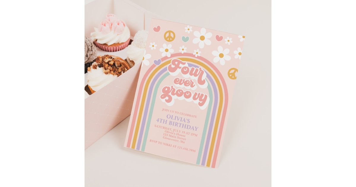 Retro Four Ever Groovy Rainbow 4th Birthday Invitation | Zazzle