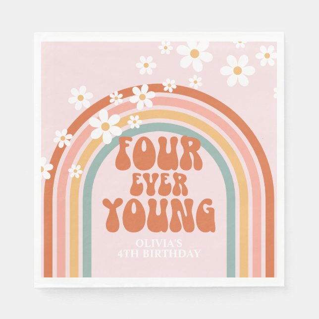 Retro Four Ever Young daisy rainbow 4th birthday  Napkins (Front)