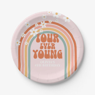 Retro Four Ever Young daisy rainbow 4th birthday Paper Plates