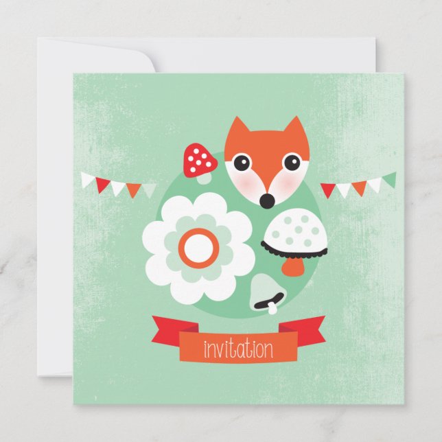 Retro fox kids birthday invitation (Front)