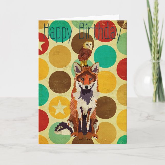 Retro Fox & Owl Birthday Card (Front)