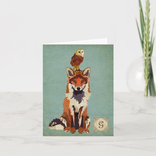 Retro Fox  Owl Monogram Notecard