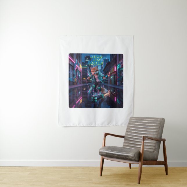 Retro Fox Skater: Neon Cityscape Adventure Tapestry (In Situ)
