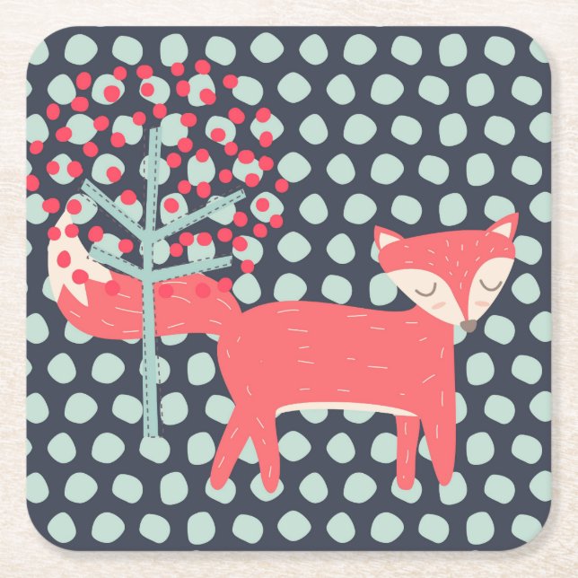 Retro Fox Square Paper Coaster (Front)