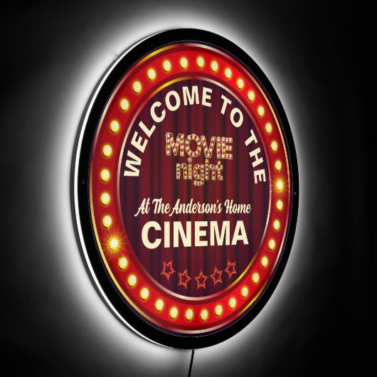 Retro Frame Yellow Light Movie Night Typography LED Sign (Angle)
