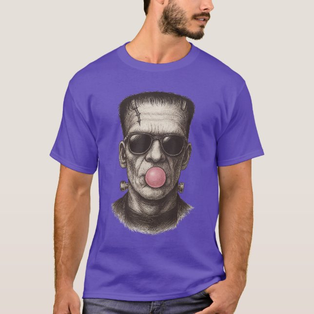 Retro Frankenstein Monster Blowing a Bubble Gum Ha T-Shirt (Front)