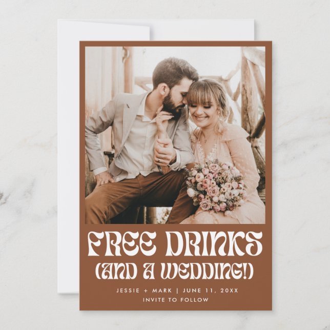 Retro Free Drinks Rust Terracotta Wedding Save The Date (Front)