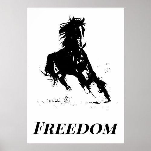 Retro Freedom Black White Pop Art Running Horse Poster