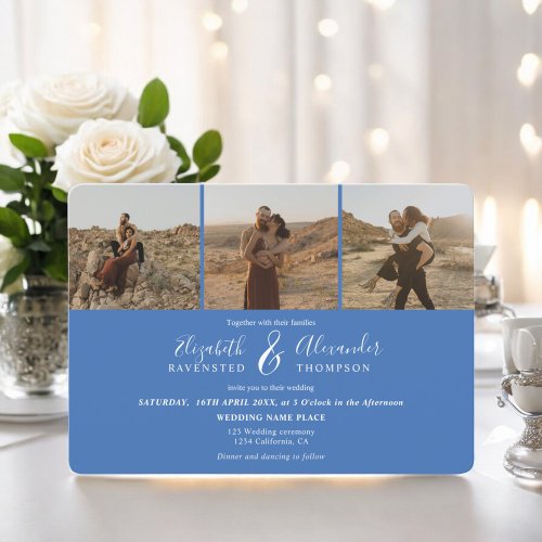 Retro french blue Elegant 4 Photos script wedding Invitation