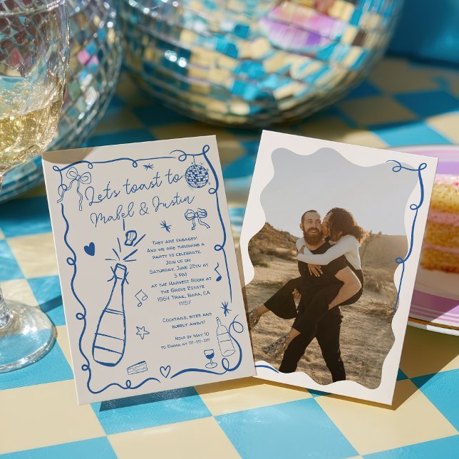 Retro French blue illustrated photo Engagement Invitation (Retro French blue illustrated photo Engagement Invitation)