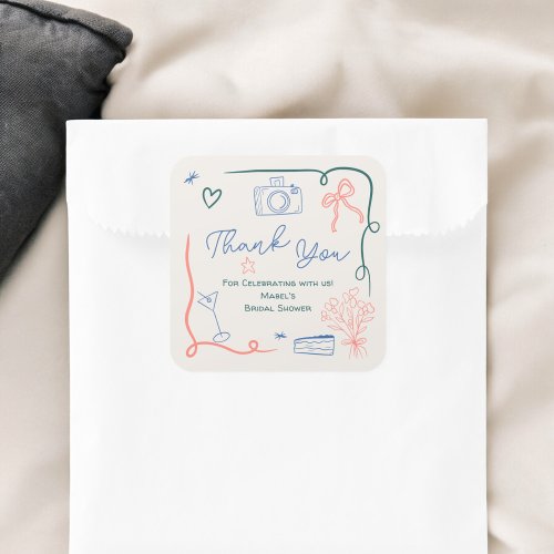 Retro french hand drawn illustrated bridal shower square sticker