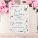Retro French hand drawn illustrated Sweet 16 Invitation<br><div class="desc">Celebrate your Sweet 16 birthday in style with our charming Retro French pink, green, blue and beige birthday Invitation! This hand-drawn illustrated vintage French design exudes elegance and whimsy, featuring delicate squiggles, wavy edge frames, and intricate sketches of food and drinks, including wine glasses, cocktails, and delectable treats. The heartwarming...</div>