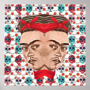 Retro Frida Kahlo Surreal Sugar Skull Pattern Poster