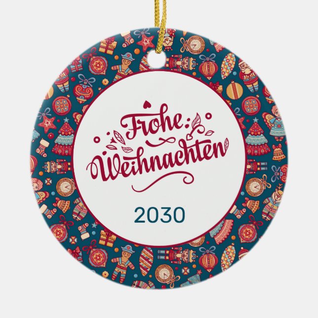 Retro Frohe Weihnachten Personalized Ceramic Ornament (Front)