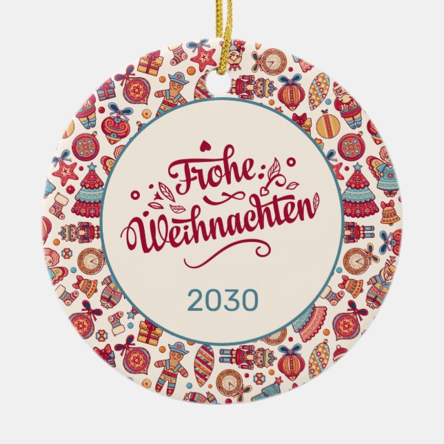 Retro Frohe Weihnachten Personalized Ceramic Ornament (Front)