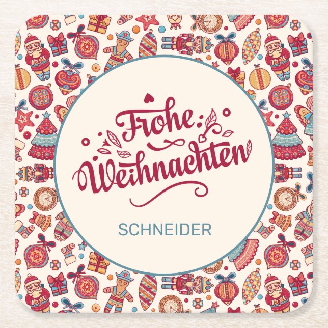 Retro Frohe Weihnachten Personalized Square Paper Coaster (Front)
