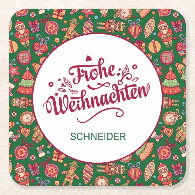 Retro Frohe Weihnachten Personalized Square Paper Coaster (Front)