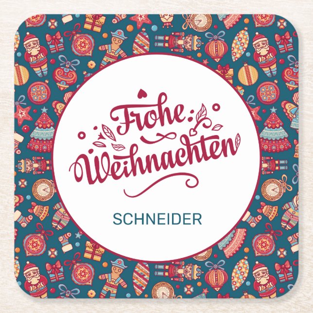 Retro Frohe Weihnachten Personalized Square Paper Coaster (Front)