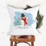 Retro Frosty Snowman Winter Christmas Watercolor Throw Pillow<br><div class="desc">Frosty the Snowman in a simple, retro style is perfect for a winter modern farmhouse Christmas. Frosty the snowman was painted in watercolor for a classic retro design style with a Christmas tree and his elegant top hat and winter scarf of red. Perfect for a cottage, country chic winter season...</div>