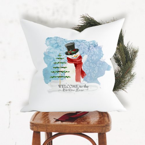 Retro Frosty Snowman Winter Christmas Watercolor Throw Pillow