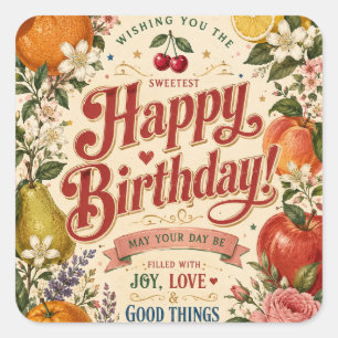 Retro Fruit Birthday ,Colorful Floral Greeting Square Sticker