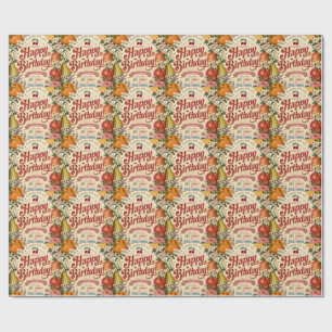 Retro Fruit Birthday ,Colorful Floral Greeting Wrapping Paper