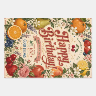 Retro Fruit Birthday ,Colorful Floral Greeting Wrapping Paper Sheets