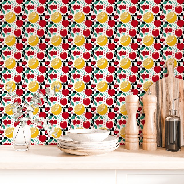 Retro Fruit Checkerboard Kitchen Wallpaper (Creator Uploaded)