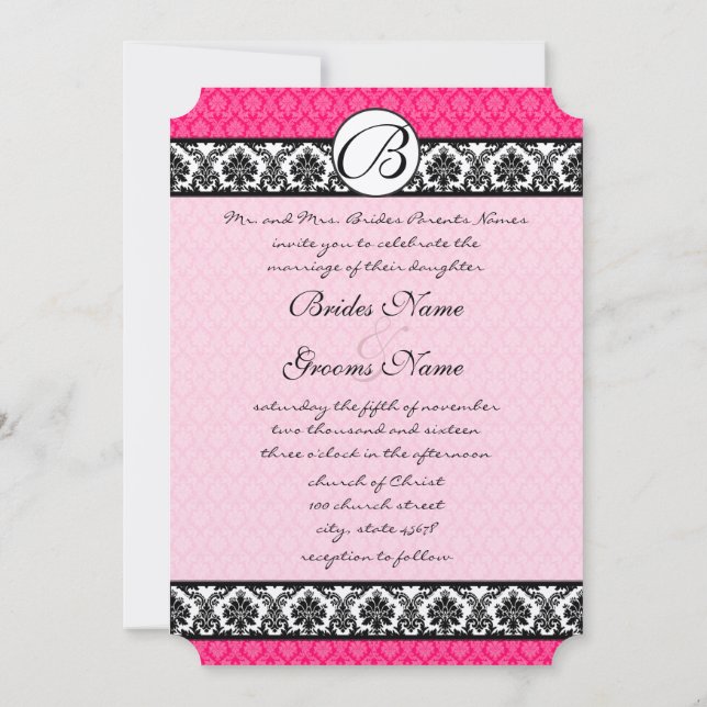 Retro Fuchsia Pink & Black Damask Wedding Invitation (Back)