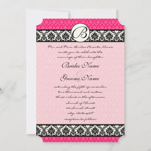 Retro Fuchsia Pink  Black Damask Wedding Invitation