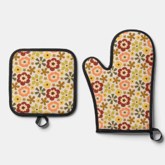Retro full bloom florals pattern oven mitt & pot holder set