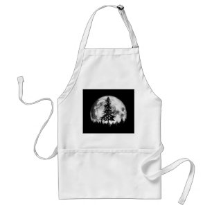 Retro Full Moon & Minimalist Pine Tree Vintage Gra Adult Apron